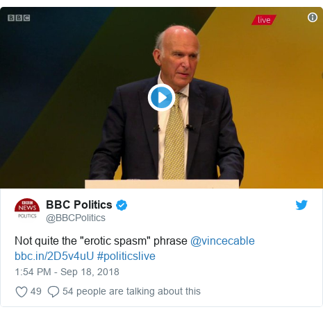 Twitter post by @BBCPolitics: Not quite the "erotic spasm" phrase @vincecable  #politicslive 