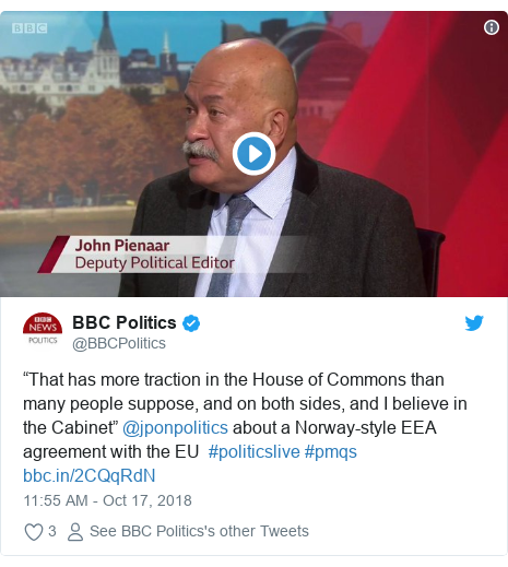 Twitter post by @BBCPolitics: “That has more traction in the House of Commons than many people suppose, and on both sides, and I believe in the Cabinet” @jponpolitics about a Norway-style EEA agreement with the EU  #politicslive #pmqs  