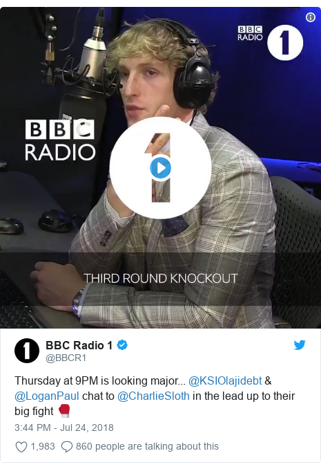 Twitter post by @BBCR1: Thursday at 9PM is looking major... @KSIOlajidebt & @LoganPaul chat to @CharlieSloth in the lead up to their big fight 🥊 
