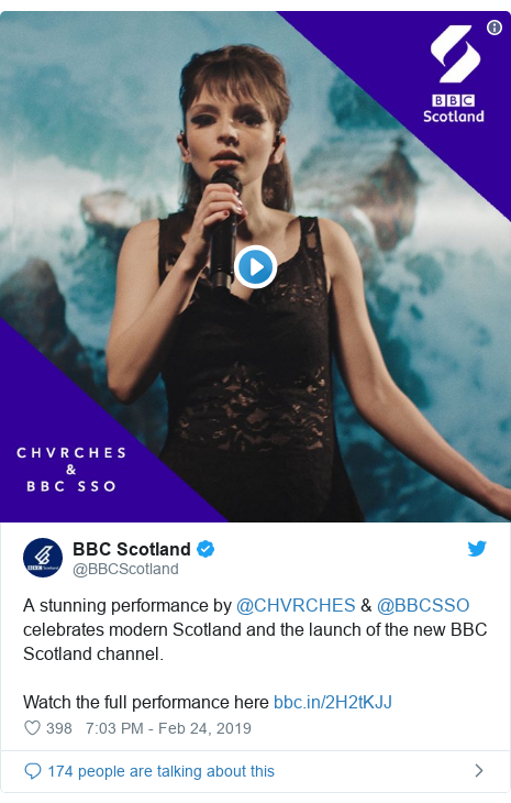 Twitter post by @BBCScotland: A stunning performance by @CHVRCHES & @BBCSSO celebrates modern Scotland and the launch of the new BBC Scotland channel.Watch the full performance here  