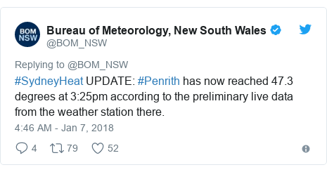 Twitter post by @BOM_NSW: #SydneyHeat UPDATE  #Penrith has now reached 47.3 degrees at 3 25pm according to the preliminary live data from the weather station there.