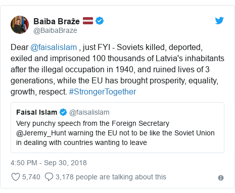 Twitter post by @BaibaBraze: Dear @faisalislam , just FYI - Soviets killed, deported, exiled and imprisoned 100 thousands of Latvia's inhabitants after the illegal occupation in 1940, and ruined lives of 3 generations, while the EU has brought prosperity, equality, growth, respect. #StrongerTogether 