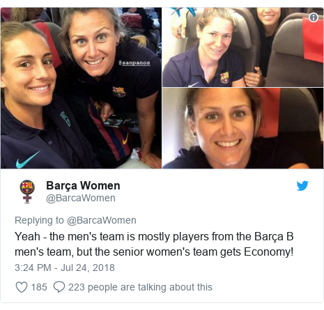 Twitter post by @BarcaWomen: Yeah - the men's team is mostly players from the Barça B men's team, but the senior women's team gets Economy! 