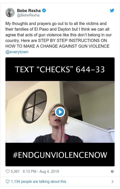 Twitter post by @BebeRexha: My thoughts and prayers go out to to all the victims and their families of El Paso and Dayton but I think we can all agree that acts of gun violence like this don’t belong in our country. Here are STEP BY STEP INSTRUCTIONS ON HOW TO MAKE A CHANGE AGAINST GUN VIOLENCE @everytown 