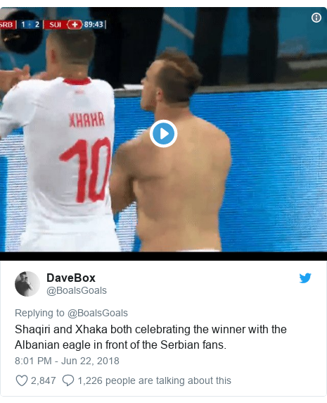 Twitter post by @BoalsGoals: Shaqiri and Xhaka both celebrating the winner with the Albanian eagle in front of the Serbian fans. 