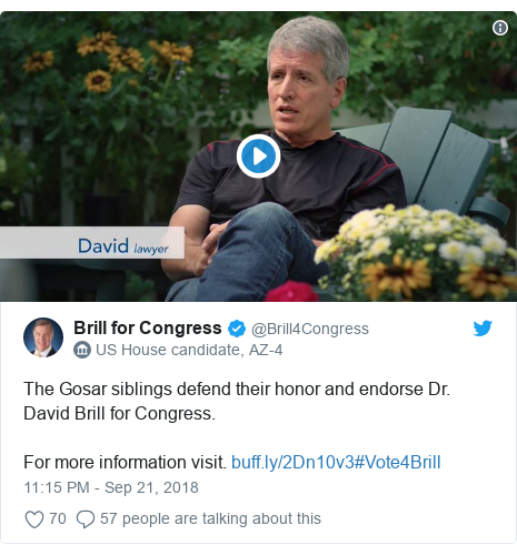 Twitter post by @Brill4Congress: The Gosar siblings defend their honor and endorse Dr. David Brill for Congress.For more information visit. #Vote4Brill 