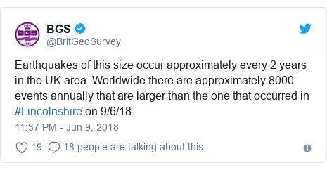 Twitter post by @BritGeoSurvey: Earthquakes of this size occur approximately every 2 years in the UK area. Worldwide there are approximately 8000 events annually that are larger than the one that occurred in #Lincolnshire on 9/6/18.