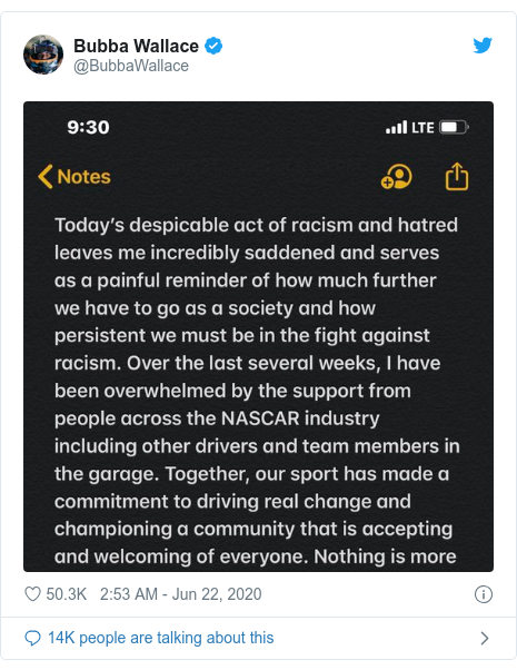 Twitter post by @BubbaWallace: 