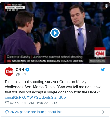 Twitter post by @CNN: Florida school shooting survivor Cameron Kasky challenges Sen. Marco Rubio  "Can you tell me right now that you will not accept a single donation from the NRA?"  #StudentsStandUp 