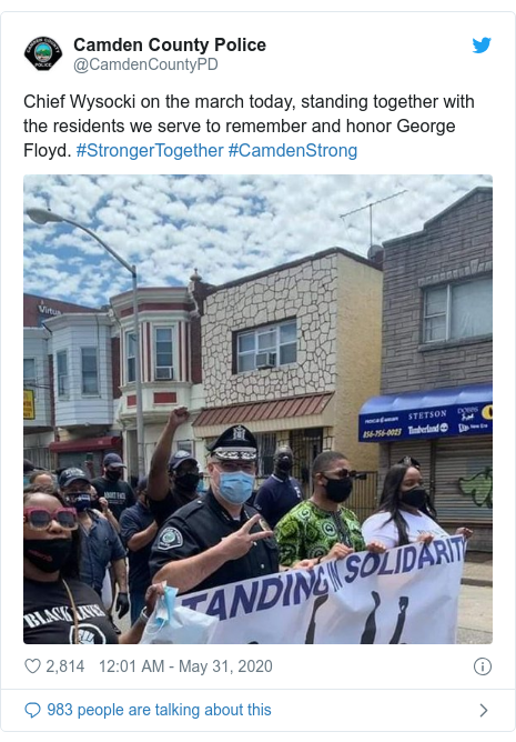 Twitter post by @CamdenCountyPD: Chief Wysocki on the march today, standing together with the residents we serve to remember and honor George Floyd. #StrongerTogether #CamdenStrong 
