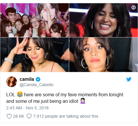 Twitter post by @Camila_Cabello: LOL ðŸ˜‚ here are some of my fave moments from tonight and some of me just being an idiot ðŸ¤·ðŸ»â€â™€ï¸ 