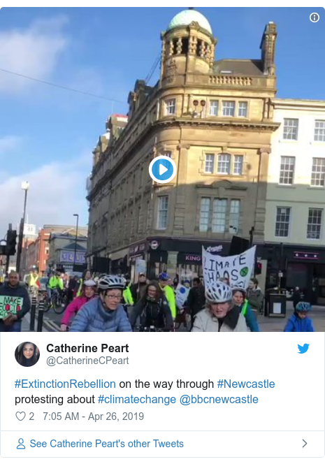 Twitter post by @CatherineCPeart: #ExtinctionRebellion on the way through #Newcastle protesting about #climatechange @bbcnewcastle 