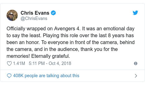 Twitter post by @ChrisEvans: Officially wrapped on Avengers 4. It was an emotional day to say the least. Playing this role over the last 8 years has been an honor. To everyone in front of the camera, behind the camera, and in the audience, thank you for the memories! Eternally grateful.