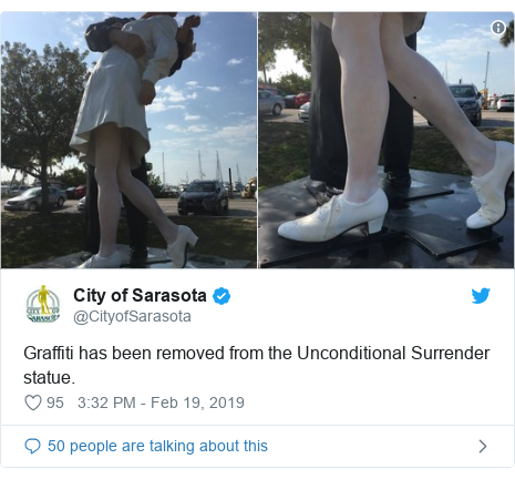 Twitter post by @CityofSarasota: Graffiti has been removed from the Unconditional Surrender statue. 