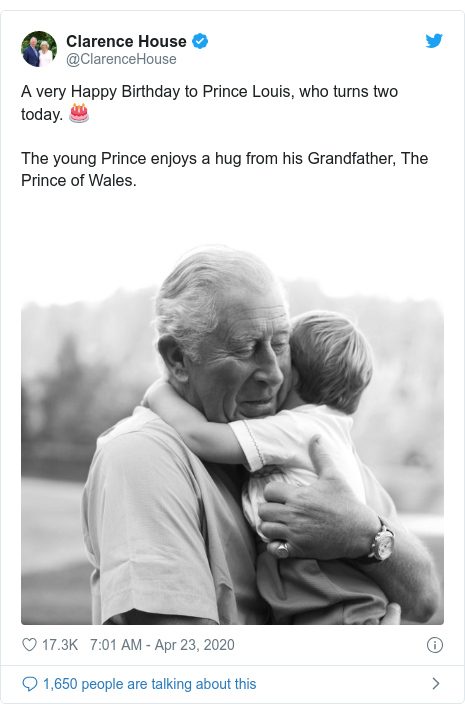 Twitter post by @ClarenceHouse: A very Happy Birthday to Prince Louis, who turns two today. 🎂 The young Prince enjoys a hug from his Grandfather, The Prince of Wales. 
