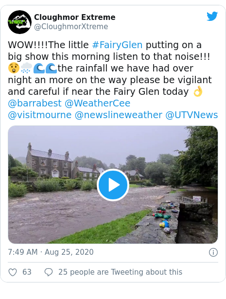 Twitter post by @CloughmorXtreme: WOW!!!!The little #FairyGlen putting on a big show this morning listen to that noise!!! 😲🌧🌊🌊the rainfall we have had over night an more on the way please be vigilant and careful if near the Fairy Glen today 👌 @barrabest @WeatherCee@visitmourne @newslineweather @UTVNews 