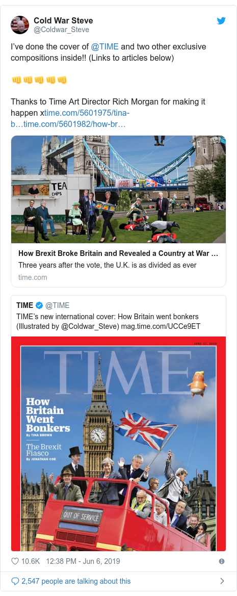 Twitter post by @Coldwar_Steve: I’ve done the cover of @TIME and two other exclusive compositions inside!! (Links to articles below)👊👊👊👊👊Thanks to Time Art Director Rich Morgan for making it happen x 