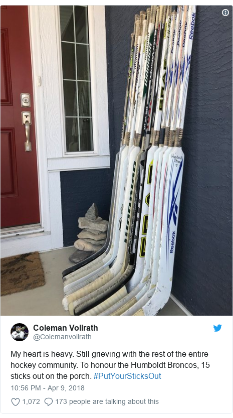 Twitter post by @Colemanvollrath: My heart is heavy. Still grieving with the rest of the entire hockey community. To honour the Humboldt Broncos, 15 sticks out on the porch. #PutYourSticksOut 