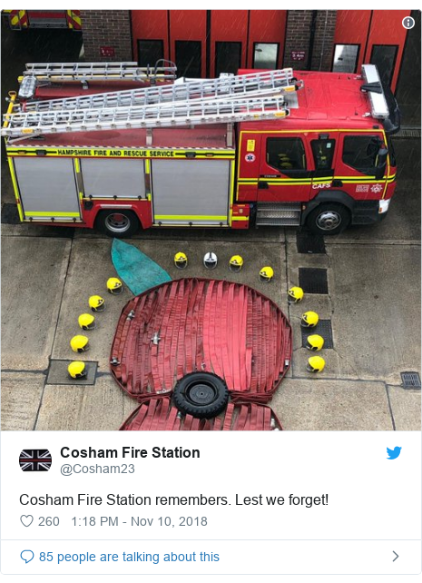 Twitter post by @Cosham23: Cosham Fire Station remembers. Lest we forget! 