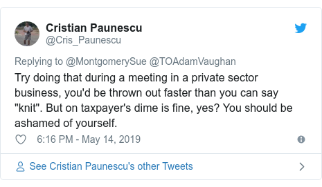 Twitter post by @Cris_Paunescu: Try doing that during a meeting in a private sector business, you'd be thrown out faster than you can say "knit". But on taxpayer's dime is fine, yes? You should be ashamed of yourself.