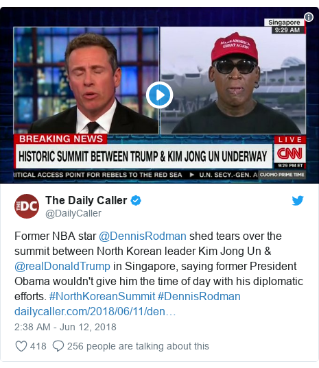 Twitter post by @DailyCaller: Former NBA star @DennisRodman shed tears over the summit between North Korean leader Kim Jong Un & @realDonaldTrump in Singapore, saying former President Obama wouldn't give him the time of day with his diplomatic efforts. #NorthKoreanSummit #DennisRodman  