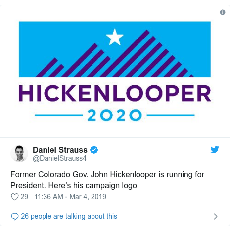 Twitter post by @DanielStrauss4: Former Colorado Gov. John Hickenlooper is running for President. Here’s his campaign logo. 