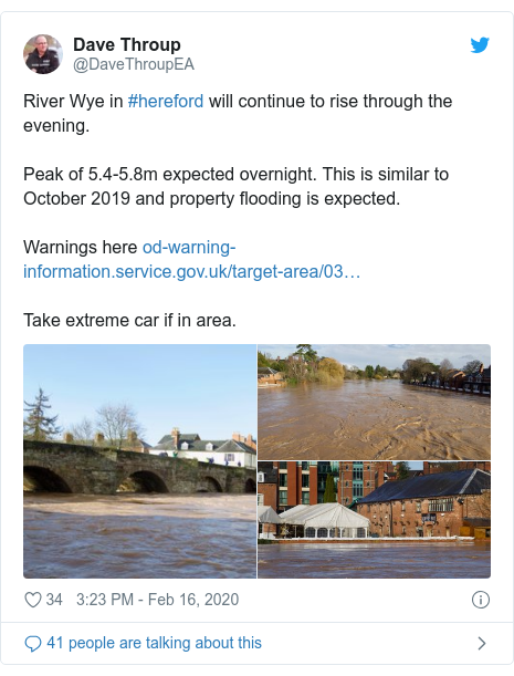 Twitter post by @DaveThroupEA: River Wye in #hereford will continue to rise through the evening.Peak of 5.4-5.8m expected overnight. This is similar to October 2019 and property flooding is expected.Warnings here Take extreme car if in area. 