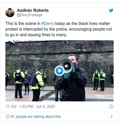 Twitter post by @DerryFootage: This is the scene in #Derry today as the black lives matter protest is interrupted by the police, encouraging people not to go in and issuing fines to many. 