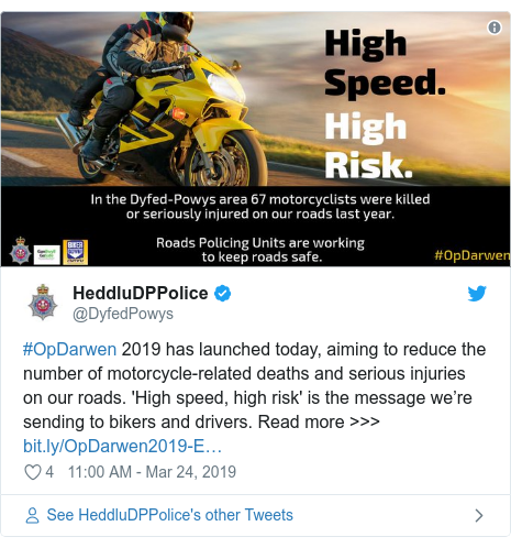 Twitter post by @DyfedPowys: #OpDarwen 2019 has launched today, aiming to reduce the number of motorcycle-related deaths and serious injuries on our roads. 'High speed, high risk' is the message we’re sending to bikers and drivers. Read more >>>  