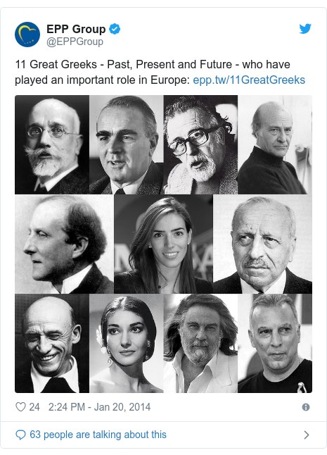 Twitter post by @EPPGroup: 11 Great Greeks - Past, Present and Future - who have played an important role in Europe   