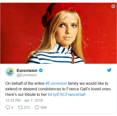 Twitter post by @Eurovision: On behalf of the entire #Eurovision family we would like to extend or deepest condolences to France Gall's loved ones. Here's our tribute to her  
