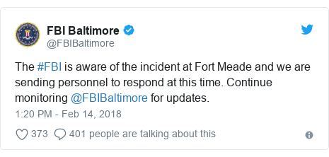 Twitter post by @FBIBaltimore: The #FBI is aware of the incident at Fort Meade and we are sending personnel to respond at this time. Continue monitoring @FBIBaltimore for updates.