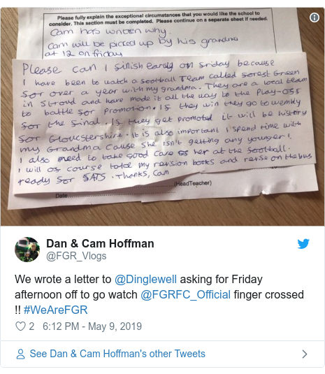 Twitter post by @FGR_Vlogs: We wrote a letter to @Dinglewell asking for Friday afternoon off to go watch @FGRFC_Official finger crossed !! #WeAreFGR 