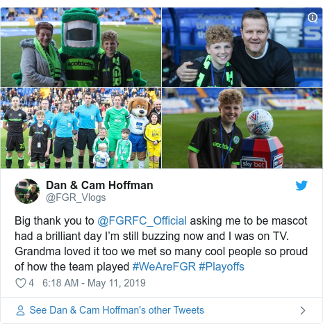 Twitter post by @FGR_Vlogs: Big thank you to @FGRFC_Official asking me to be mascot had a brilliant day I’m still buzzing now and I was on TV. Grandma loved it too we met so many cool people so proud of how the team played #WeAreFGR #Playoffs 