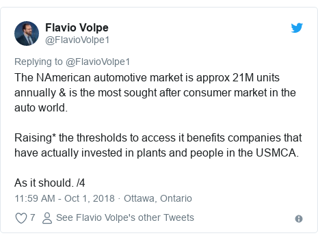 Twitter post by @FlavioVolpe1: The NAmerican automotive market is approx 21M units annually & is the most sought after consumer market in the auto world. Raising* the thresholds to access it benefits companies that have actually invested in plants and people in the USMCA. As it should. /4