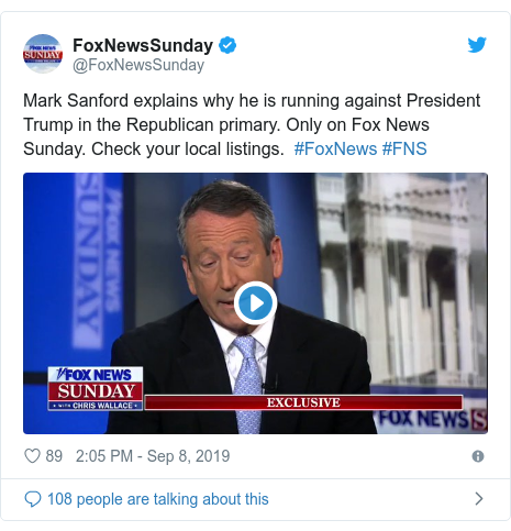 Twitter post by @FoxNewsSunday: Mark Sanford explains why he is running against President Trump in the Republican primary. Only on Fox News Sunday. Check your local listings.  #FoxNews #FNS 
