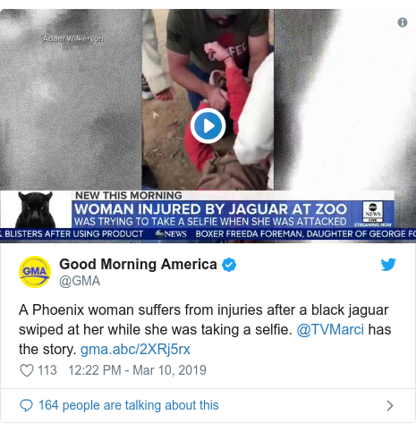 Twitter post by @GMA: A Phoenix woman suffers from injuries after a black jaguar swiped at her while she was taking a selfie. @TVMarci has the story.  
