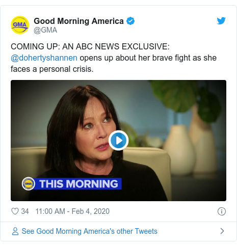 Twitter post by @GMA: COMING UP  AN ABC NEWS EXCLUSIVE  @dohertyshannen opens up about her brave fight as she faces a personal crisis. 