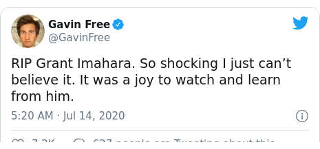 Twitter post by @GavinFree: RIP Grant Imahara. So shocking I just can’t believe it. It was a joy to watch and learn from him.