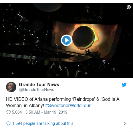 Twitter post by @GrandeTourNews: HD VIDEO of Ariana performing ‘Raindrops’ & ‘God Is A Woman’ in Albany! #SweetenerWorldTour 