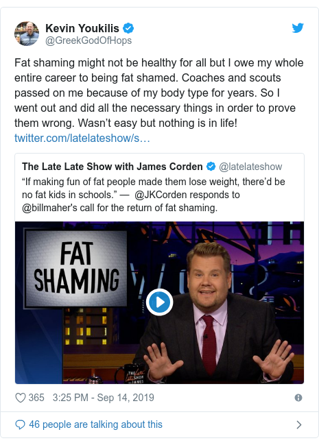 Twitter post by @GreekGodOfHops: Fat shaming might not be healthy for all but I owe my whole entire career to being fat shamed. Coaches and scouts passed on me because of my body type for years. So I went out and did all the necessary things in order to prove them wrong. Wasn't easy but nothing is in life! 