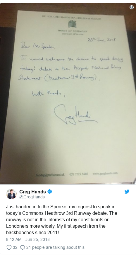 Twitter post by @GregHands: Just handed in to the Speaker my request to speak in today’s Commons Heathrow 3rd Runway debate. The runway is not in the interests of my constituents or Londoners more widely. My first speech from the backbenches since 2011! 