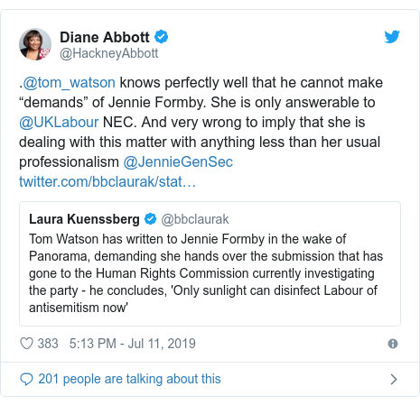 Twitter post by @HackneyAbbott: .@tom_watson knows perfectly well that he cannot make “demands” of Jennie Formby. She is only answerable to @UKLabour NEC. And very wrong to imply that she is dealing with this matter with anything less than her usual professionalism @JennieGenSec 