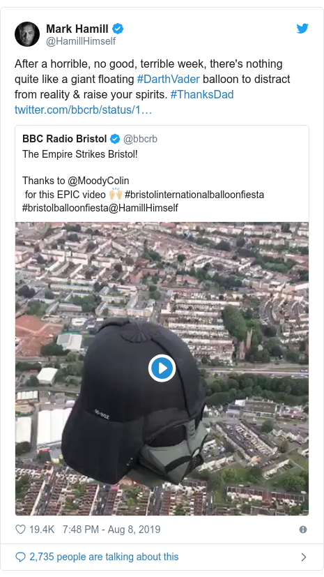 Twitter post by @HamillHimself: After a horrible, no good, terrible week, there's nothing quite like a giant floating #DarthVader balloon to distract from reality & raise your spirits. #ThanksDad 