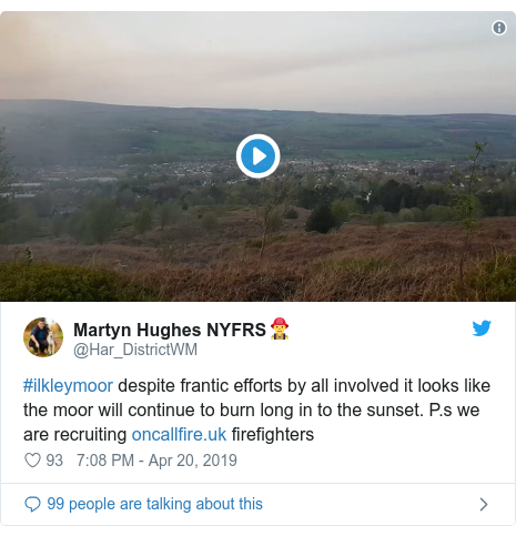 Twitter post by @Har_DistrictWM: #ilkleymoor despite frantic efforts by all involved it looks like the moor will continue to burn long in to the sunset. P.s we are recruiting  firefighters 