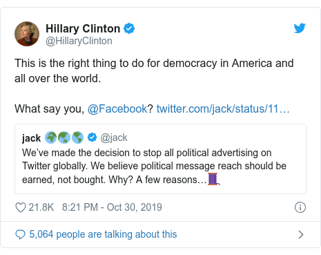 Twitter post by @HillaryClinton: This is the right thing to do for democracy in America and all over the world. What say you, @Facebook? 