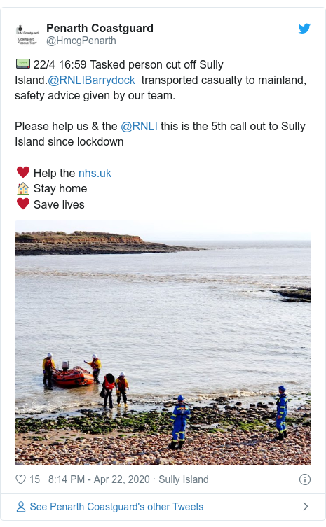 Twitter post by @HmcgPenarth: 📟 22/4 16 59 Tasked person cut off Sully Island.@RNLIBarrydock  transported casualty to mainland, safety advice given by our team.Please help us & the @RNLI this is the 5th call out to Sully Island since lockdown♥️ Help the 🏠 Stay home♥️ Save lives 
