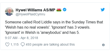 Twitter post by @HywelPlaidCymru: Someone called Rod Liddle says in the Sunday Times that 'Welsh has no real vowels'. 'Ignorant' has 3 vowels. 'Ignorant' in Welsh is 'anwybodus' and has 5.