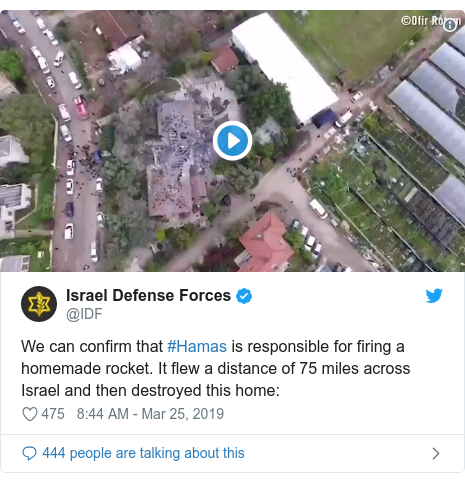 Twitter post by @IDF: We can confirm that #Hamas is responsible for firing a homemade rocket. It flew a distance of 75 miles across Israel and then destroyed this home  