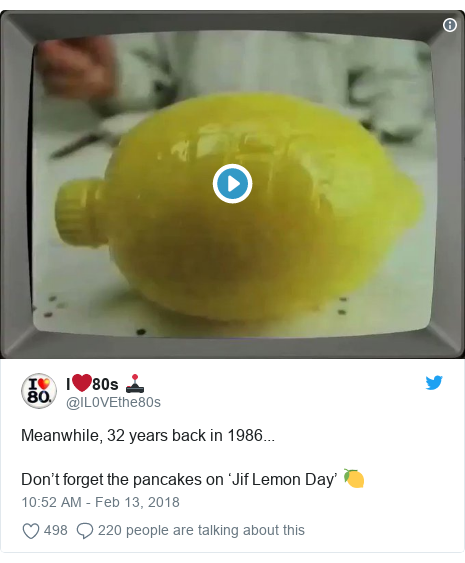 Twitter post by @IL0VEthe80s: Meanwhile, 32 years back in 1986...Don’t forget the pancakes on ‘Jif Lemon Day’ 🍋 